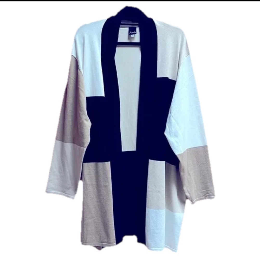 Aaeda Size 2X Long Sleeve Black White Tan Colorblock Women’s Long Open Cardigan